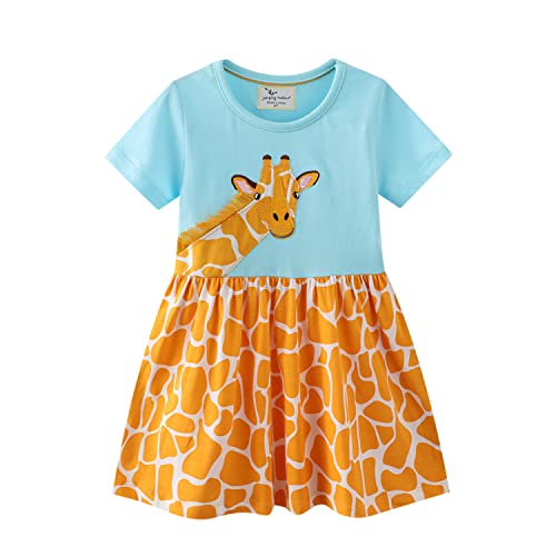 Mädchen Kleid Sommer Giraffe Blau Gelb Casual Swing Kleider Baumwolle Boho Freizeitkleid Kurzarm T-Shirt Kleid Kinder Chiffon Kleid Strandkleid 6 Jahre von HIKIDS