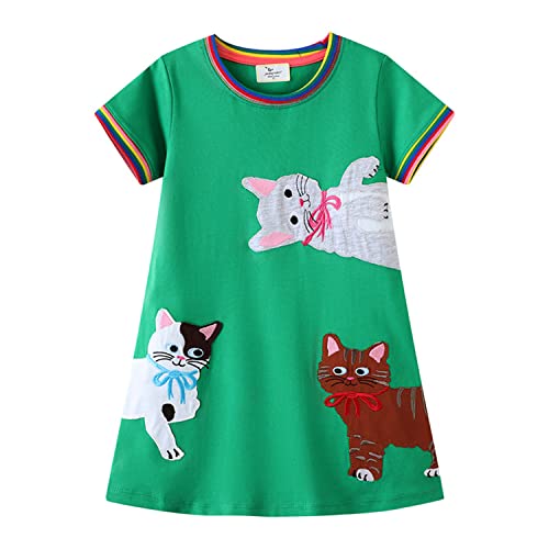 Mädchen Kleid Sommer Katze Rosa Casual T-Shirt Kleider Baby Baumwolle A-Linie Freizeitkleid Kurzarm Partykleid Kinder Falten Rock Strandkleid 6 Jahre von HIKIDS