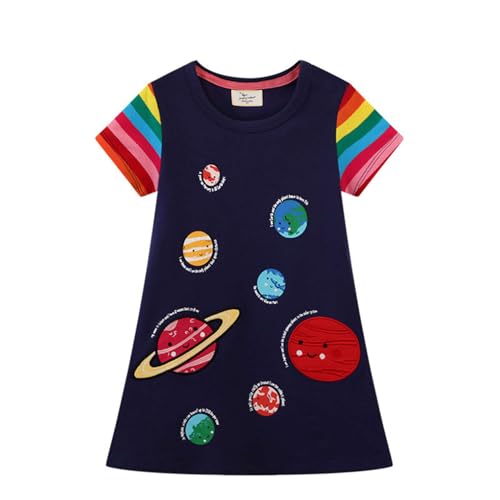 Mädchen Kleid Sommer Planet Marine Blau Casual Swing Kleider Baumwolle Boho Freizeitkleid Kurzarm T-Shirt Kleid Kinder Chiffon Kleid Strandkleid 6 Jahre von HIKIDS