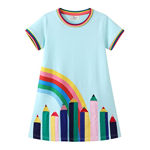 Mädchen Kleid Sommer Regenbogen Blau Casual Swing Kleider Baumwolle Boho Freizeitkleid Kurzarm T-Shirt Kleid Kinder Chiffon Kleid Strandkleid 3 Jahre von HIKIDS