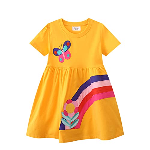 Mädchen Kleid Sommer Schmetterling Regenbogen Gelb Casual Swing Kleider Baby Baumwolle A-Linie Freizeitkleid Kurzarm Partykleid Kinder Falten Rock Strandkleid 6 Jahre von HIKIDS