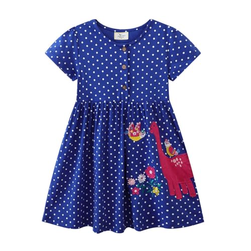 Mädchen Kleid Sommer Tupfen Dino Marine Blau Casual Swing Kleider Baumwolle Boho Freizeitkleid Kurzarm T-Shirt Kleid Kinder Chiffon Kleid Strandkleid 5 Jahre von HIKIDS