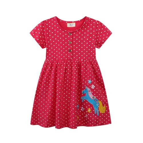 Mädchen Kleid Sommer Tupfen Einhorn Rot Casual Swing Kleider Baumwolle Boho Freizeitkleid Kurzarm T-Shirt Kleid Kinder Chiffon Kleid Strandkleid 3 Jahre von HIKIDS