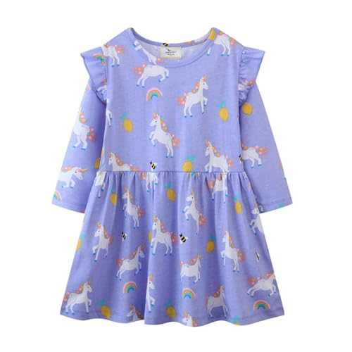 Mädchen Kleid Winter Herbst Langarm Einhorn Lila Baumwolle T-Shirt Kleider Kinder Chiffon Blusenkleid Freizeitkleid Partykleid Strandkleid 110 von HIKIDS
