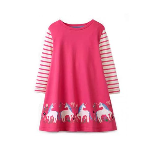 Mädchen Kleid Winter Herbst Langarm Einhorn Rosa Rot Baumwolle T-Shirt Kleider Kinder Chiffon Blusenkleid Freizeitkleid Partykleid Strandkleid 98 von HIKIDS