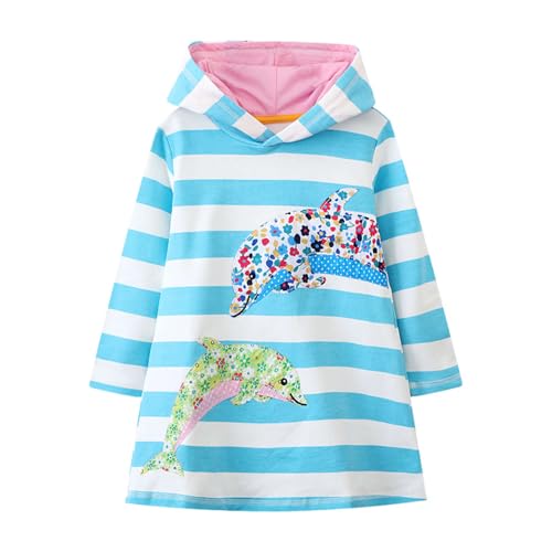 Mädchen Kleid Winter Herbst Langarm Hai Streifen Blau Baumwolle T-Shirt Kleider Kinder Chiffon Blusenkleid Freizeitkleid Partykleid Strandkleid 122 von HIKIDS
