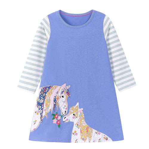 Mädchen Kleid Winter Herbst Langarm Pferd Blau Baumwolle T-Shirt Kleider Kinder Chiffon Blusenkleid Freizeitkleid Partykleid Strandkleid 116 von HIKIDS