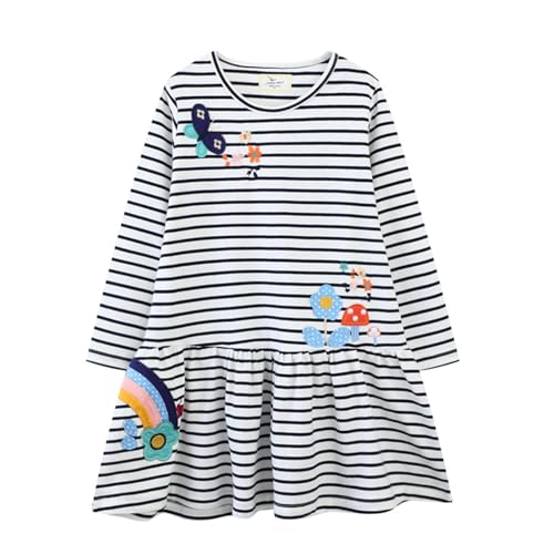 Mädchen Kleid Winter Herbst Langarm Streifen Schmetterling Schwarz Baumwolle T-Shirt Kleider Kinder Chiffon Blusenkleid Freizeitkleid Partykleid Strandkleid 116 von HIKIDS