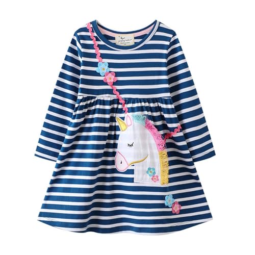 Mädchen Kleid Winter Weihnachten Einhorn Streifen Blau Swing Chiffon Kleider Baby Baumwolle Herbst Langarm Geburtstag Kleid Halloween Falten Freizeitkleid Partykleid Strandkleid 6 Jahre von HIKIDS