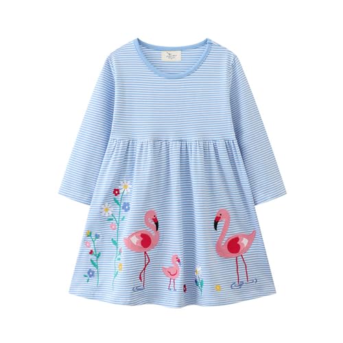 Mädchen Kleid Winter Weihnachten Flamingo Blau Swing Chiffon Kleider Baby Baumwolle Herbst Langarm Geburtstag Kleid Halloween Falten Freizeitkleid Partykleid Strandkleid 7 Jahre von HIKIDS