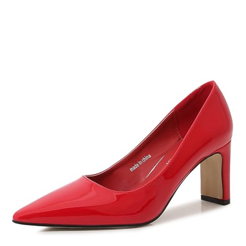 Damen Block High Heels Geschlossene Pumps mit spitzer Spitze, Büroschuhe für Damen, Modische Abendparty-Pumps Basic-Schuhe,Rot,45 EU von HIKKWXVN