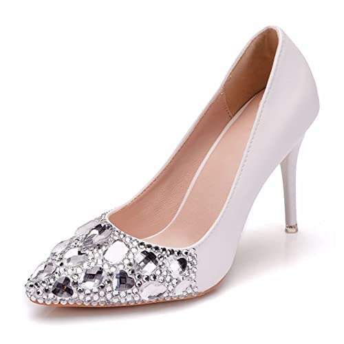 Damen High Heels Pumps Kleid Geschlossen Spitze Zehen Bequeme Pumps Schuhe für Arbeit Büro Hochzeit Tanzen,Weiß,39 EU von HIKKWXVN