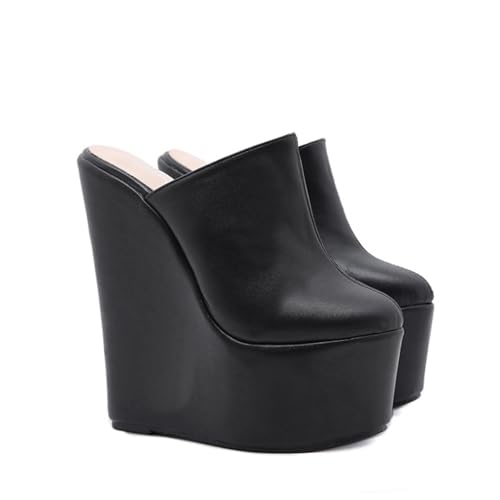Damen-Plateau-Slip-On-Keilsandalen, geschlossene Zehen-Sommer-Mule-High-Heels-Slides-Schuhe, stilvolle Keilsandalen,Schwarz,41 EU von HIKKWXVN