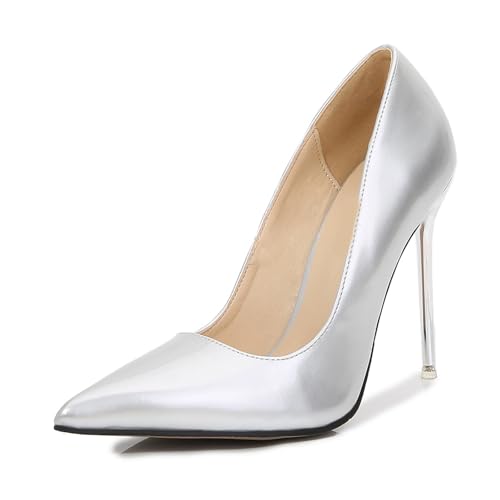 Damen-Pumps mit 4,3 Zoll Absatz und spitzer Zehenpartie, Stilettos, High Heel, Slip-on-Abendschuhe, große High Heels, Nachtclub-Schuhe, sexy Metallabsätze,Silber,46 EU von HIKKWXVN