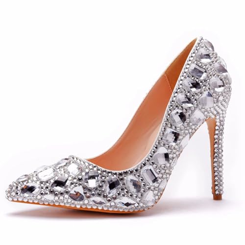 Damen-Pumps mit Spitzen Zehen und Kristallen zum Hineinschlüpfen, sexy Damen-High-Heels-Schuhe mit Absatz für Freizeit, Party, Shopping, formelle Pumps,Silber,38 EU von HIKKWXVN