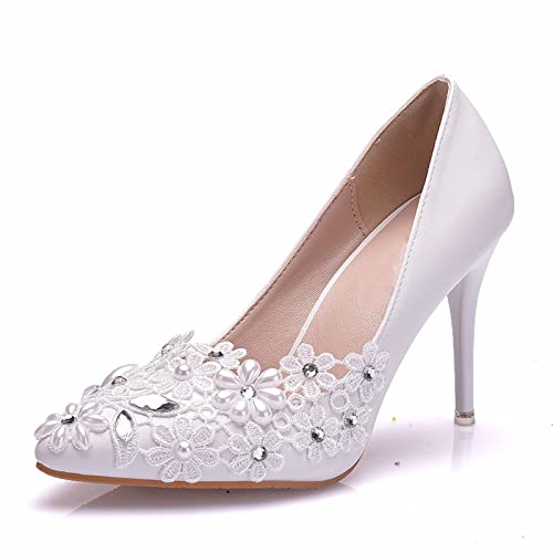 Damen-Pumps mit spitzer Zehenpartie, bequem, Stiletto-Absatz, geschlossene Zehenpartie, Kleid-Pumps, Schuhe für Hochzeit, Arbeit, Büro, Geschäft,Weiß,34 EU von HIKKWXVN