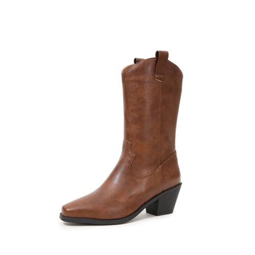 Damen-Western-Cowboy-Stiefel mit mittelhoher Wade, spitzer Zehenbereich und Blockabsatz, Stiefeletten mit niedrigem Absatz, Chelsea-Stiefel, Herbst-Winter-Stiefel mit mittlerer Wade,Braun,39 EU von HIKKWXVN