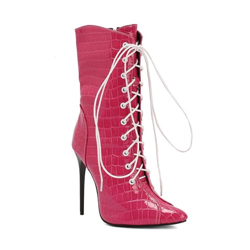 HIKKWXVN Damen-Stiefeletten aus Lackleder mit spitzer Zehenpartie und Schnürung, Stiefeletten mit Stilettoabsatz und Reißverschluss, warme Kurze Stiefel für Herbst und Winter,Rosa,44 EU von HIKKWXVN