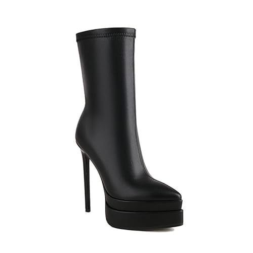HIKKWXVN Damen-Stiefeletten aus elastischem PU-Leder mit spitzer Zehenpartie, 14 cm hohe Stiefeletten mit Stiletto-Absatz und Reißverschluss, Kurze Herbst-/Winterstiefel,Schwarz,43 EU von HIKKWXVN