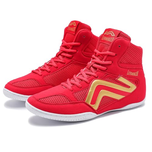 Wrestling Schuhe Herren Boxschuhe für Herren Wrestling Stiefel High Top Fitness Gewichtheben Powerlifting Schuhe Leicht rutschfest Atmungsaktiv, Rot/Ausflug, einfarbig (Getaway Solids), 40 EU von HIKLDK