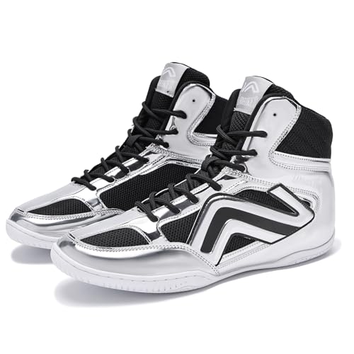 Wrestling Schuhe Herren Boxschuhe für Herren Wrestling Stiefel High Top Fitness Gewichtheben Powerlifting Schuhe Leicht rutschfest Atmungsaktiv, silber, 42.5 EU von HIKLDK