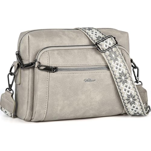 Crossbody-Taschen für Damen, kleine Leder-Anti-Diebstahl-Geldbörsen und Handtaschen mit breitem Riemen und Quaste, Grau + Rotguss-Reißverschluss, Classic von HILAEX