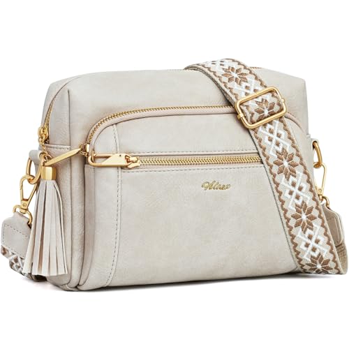 HILAEX Umhängetasche Damen mit Anti Diebstahl, Handtasche Damen Mittelgroß mit 4 Fächern, mit Verstellbar Abnehmbar Breiter Gurt Beige von HILAEX