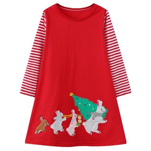 HILEELANG Kleinkind Mädchen Kleid gestreift Langarm Herbst Winter Baumwolle Basic Kleid 1-7 Jahre - Pink - 6-7 Jahre von HILEELANG