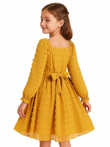 HILEELANG Mädchen Langarm Prinzessin Party Kleid Fliege Tüllrock Kinder Urlaub Geburtstag Hochzeit Outfit Alter 6-12 Jahre, A054#senfgelb, 13-14 Jahre von HILEELANG