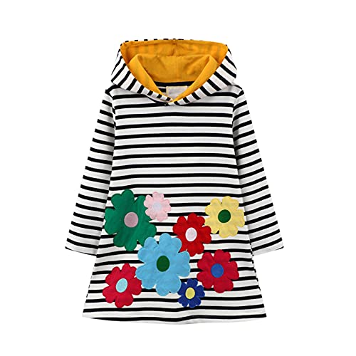 Mädchen Kapuzenkleid Winter Warm Fleece Langarm Baumwolle Casual Kapuze Kängurutasche Sweatshirt Kleid 2-12 Jahre, Kapuze 16#Blumenstreifen, 128 von HILEELANG