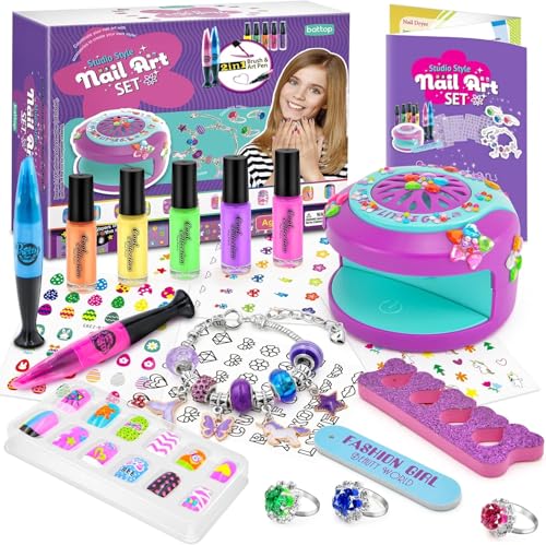 Nagelstudio Kinder Mädchen mit NEON & UV-Licht | 3D Nageldesign Set + Trockner | Kindernagellack Abziehbar | Geschenk 6-12 Jahre Nagelstudio Kinder Mädchen mit NEON & UV-Licht | 3D Nageldesign Set + Trockner | Kindernagellack Abziehbar | Geschenk 6-12 Jahre von HILKKET