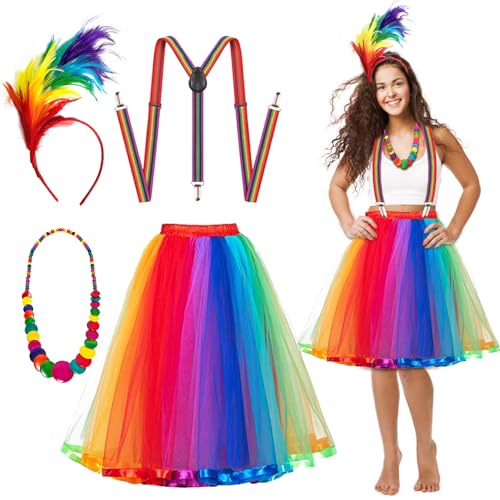 Regenbogen Kostüm Damen, 4er Regenbogen Tüllrock, Regenbogen Rock mit Riemen, 80er Jahre Outfit Damen, Karneval Kostüm Bunt Feder Stirnband Regenbogen-Halskette für Karneval Regenbogen Kostüm Damen, 4er Regenbogen Tüllrock, Regenbogen Rock mit Riemen, 80er Jahre Outfit Damen, Karneval Kostüm Bunt Feder Stirnband Regenbogen-Halskette für Karneval von HILKKET