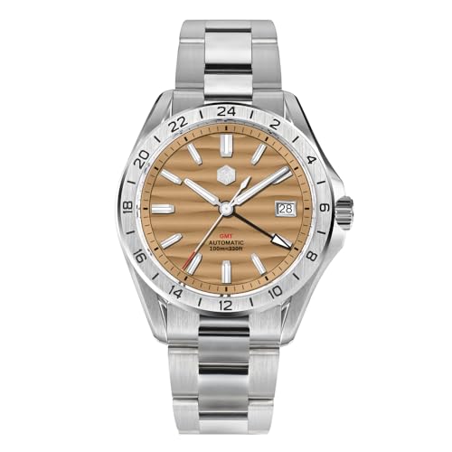 HILLEO San Martin NH34 GMT Herrenuhr, 39 mm, Wüstenstruktur, automatische mechanische Business-Armbanduhr, V 1, Vintage von HILLEO