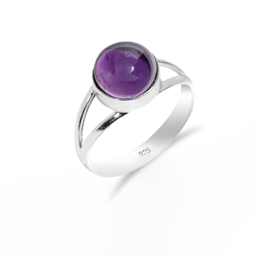 HIMALYA QUARTZ Ring Mit Steinen Silber 925 Damen-Herren Boho Antiquität Design Amethyst rund 10mm Solitaire Verlobungring HQ-SR26-AMTST-11 von HIMALYA QUARTZ