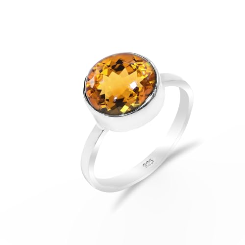 HIMALYA QUARTZ Ring Mit Steinen Silber 925 Damen-Herren Boho Antiquität Design Citrin rund 10mm Solitaire Verlobungring HQ-SR57-CTRN-4.5 von HIMALYA QUARTZ