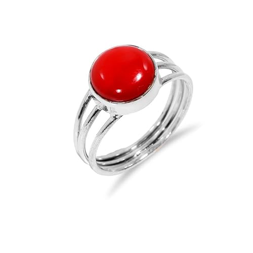 Ring mit Stein 925 Sterling Silber für Frauen Männer Roter Korallenring Schmuck Ehering Handgefertigter Vintage H-SR43-9 von HIMALYA QUARTZ