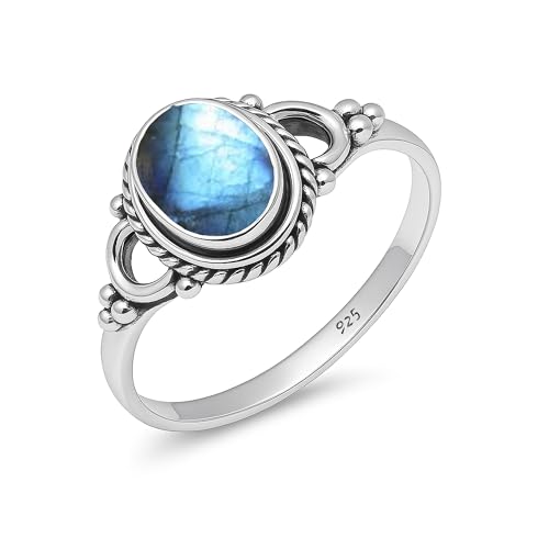 Damen Ring Natürlicher Labradorit Edelstein 925 Sterling Silber Handarbeit 6x8mm Oval Ehering Vintage HQ-NH04-LRDT-8 von HIMALYA QUARTZ
