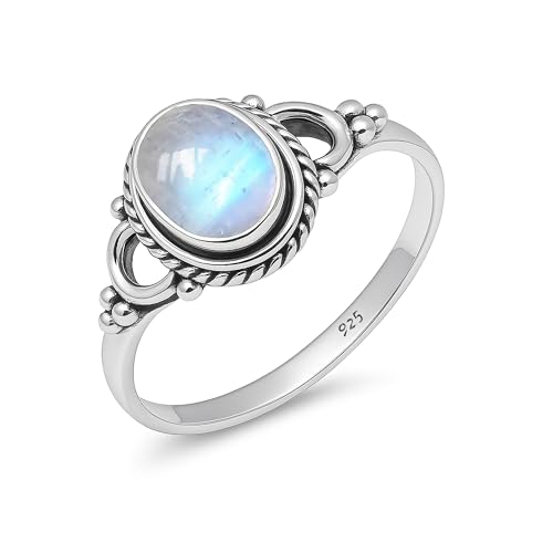 Damen Ring Natürlicher Mondstein Edelstein 925 Sterling Silber Handarbeit 6x8mm Oval Ehering Vintage HQ-NH04-MONST-7 von HIMALYA QUARTZ