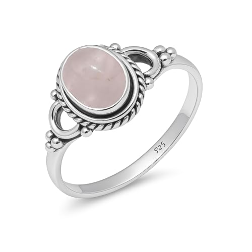 Damen Ring Natürlicher Rosenquarz Cab Edelstein 925 Sterling Silber Handarbeit 6x8mm Oval Hochzeit Vintage Ring HQ-NH04-RQCAB-7.5 von HIMALYA QUARTZ
