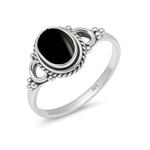 Damen Ring Natürlicher Schwarzer Onyx Edelstein 925 Sterling Silber Handarbeit 6x8mm Oval Ehering Vintage HQ-NH04-BLKOYX-11.5 von HIMALYA QUARTZ