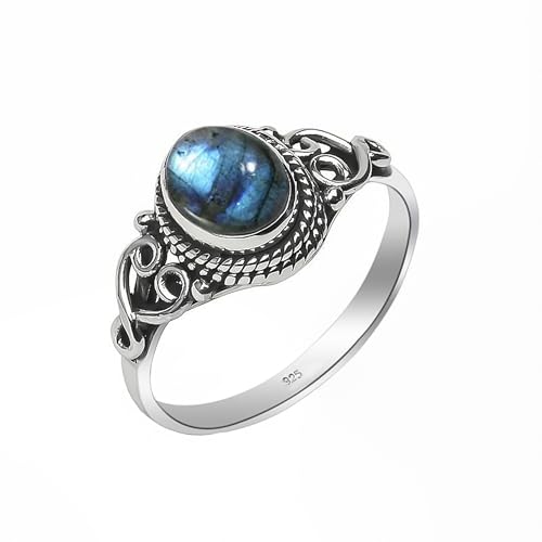 Edelsteinring, 925 Sterling Silber Ring für Frauen Männer 100% natürlicher Labradorit Stein Elegantes Design Oval 6x8 mm, Verlobung NH-LBRT-6.5 von HIMALYA QUARTZ