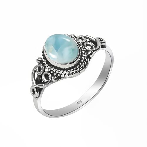 Edelsteinring, 925 Sterling Silber Ring für Frauen Männer 100% natürlicher Larimar Stein Elegantes Design Oval 6x8 mm, Verlobung NH-LRMR-10.5 von HIMALYA QUARTZ