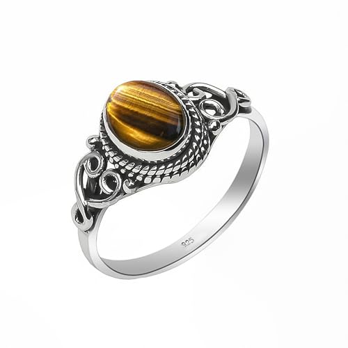 Edelsteinring, 925 Sterling Silber Ring für Frauen Männer 100% natürlicher Tigerauge Stein Elegantes Design Oval 6x8 mm, Verlobung NH-TGRE-11.5 von HIMALYA QUARTZ