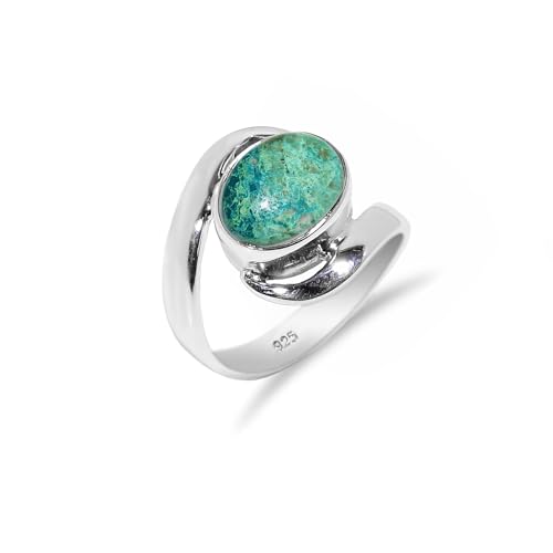 HIMALYA QUARTZ Damen Verlobungsring 925 Silber Stein Chrysokoll Oval 8x10mm Handgemachter Vintage Herrenring HQ-SR21-COLA-11 von HIMALYA QUARTZ