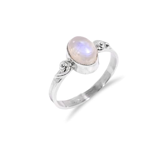 HIMALYA QUARTZ Edelsteinring 925 Silber Mondstein Natürlicher Geburtssteinring Cabochon Ovale Form Vintage Damen Herren Statement Ring Versprechensring BR14-4,5 von HIMALYA QUARTZ