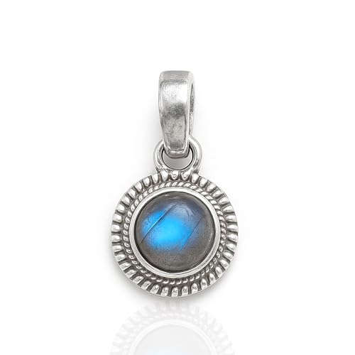HIMALYA QUARTZ Labradorit-Anhänger 925 Sterling Silber – 7 mm runder Cabochon-Edelstein-Anhänger, auffällige Heilstein-Halskette von HIMALYA QUARTZ