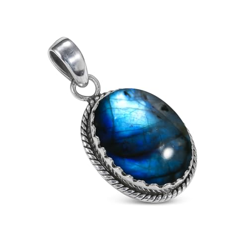HIMALYA QUARTZ Natürlicher Labradorit Oval Edelstein 925 Sterling Silber Anhänger für Frauen Handarbeit Boho Stil Halskette Charm H-SP23-P von HIMALYA QUARTZ