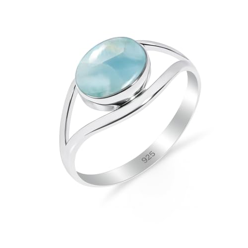 HIMALYA QUARTZ Silber Ringe Damen Mit Stein Natürlicher Edelstein Larimar Ringe for Herren Boho Statement Schmuck RB-01-LRMR-10.5 von HIMALYA QUARTZ