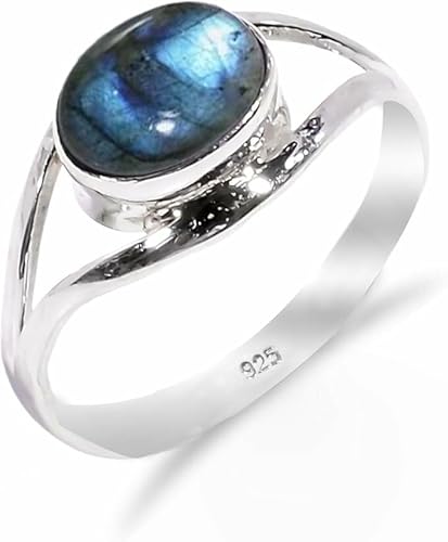 HIMALYA QUARTZ Silberring Damen, Ring mit modernem Design 100% natürlicher Labradorit Steinring Boho 925 Silberring RB-01-LBRT-8.5 von HIMALYA QUARTZ