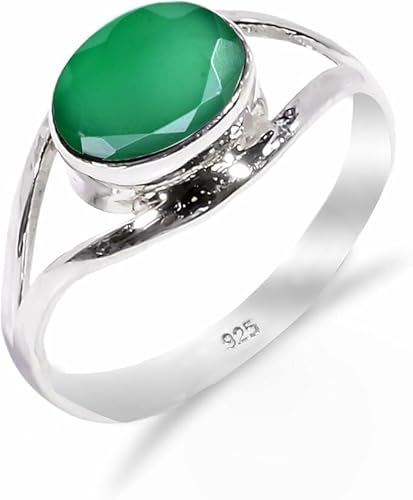 HIMALYA QUARTZ Silberring Damen, Ring mit modernem Design 100% natürlicher grüner Onyx Steinring Boho 925 Silberring RB-01-GRNX-6.5 von HIMALYA QUARTZ